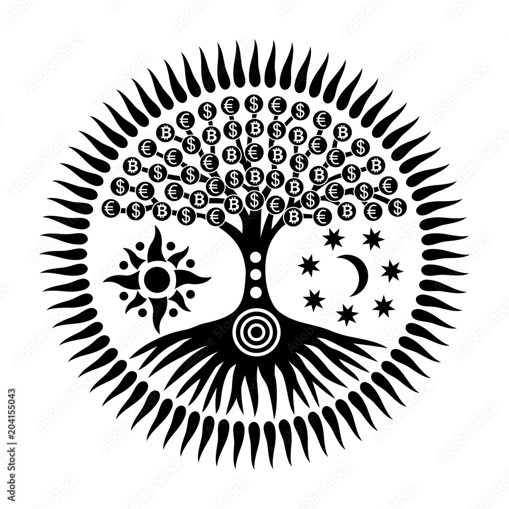 Vetor Money tree with symbolic coins: dollar, bitcoin, euro. Mandala of  wealth and success. A metaphorical symbolic drawing. Black and white vector  graphics. do Stock | Adobe Stock
