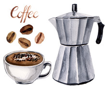 Coffee Maker Watercolor Illustration With Cappuccino Cup, Brown Beans And Hand Lettering Set