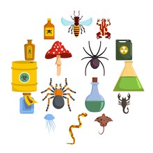 Poison Danger Toxic Icons Set. Flat Illustration Of 16 Poison Danger Toxic Vector Icons For Web
