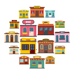 Poster - Store facade front shop icons set. Flat illustration of 16 store facade front shop vector icons for web