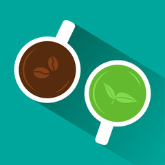 Coffee vs tea. View from above. White cup of coffee and green tea with shadow on turquoise background. Vector illustration