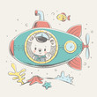 Cute bear sailor on a submarine cartoon hand drawn vector illustration. Can be used for t-shirt print, kids wear fashion design, baby shower celebration greeting and invitation card.