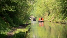 Narrow Boats Navigating Canal - Shropshire Union Canal, Bridge 32, Cowley Near Stafford, England