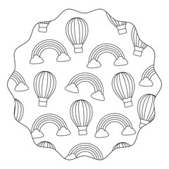 Sticker - circular frame of hot air balloon and rainbow pattern over white background, vector illustration