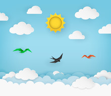Clear Blue Sky With Sun, Clouds And Flying Birds. Swallow Flying In The Sky. Cloudy Scenery Background. Paper And Craft Style. Origami Birds. Clean And Minimal Design. Vector Illustration.