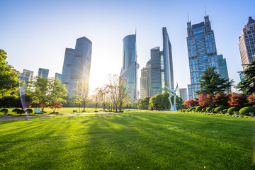 Canvas Print - modern office building with green lawn in shanghai park