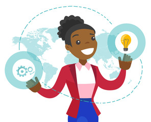 Poster - A black businesswoman with a a lightbulb, world mab and gears. Concept of global business idea, startup and development. Vector cartoon illustration isolated on white background.