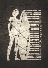 Wall Mural - woman posing with surfboard. surfing emblem for web design or print. bar code connected with silhoue