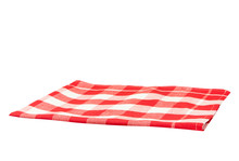 Empty Tablecloth Red White Checkered Isolated On White Background. Concept Food.