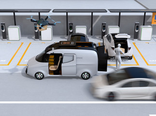 Wall Mural - Delivery staff carrying package to car trunk in parking lot. Drone takes off from delivery van to delivering parcel. Concept for last one mile concept. 3D rendering image.