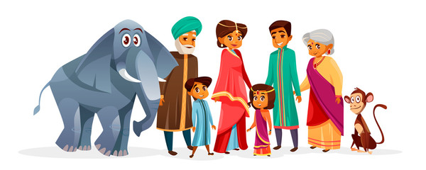 Indian family vector illustration of Hindu people in national clothes. Indian mother woman in saree, father man with boy and girl children or grandparents with elephant cartoon character