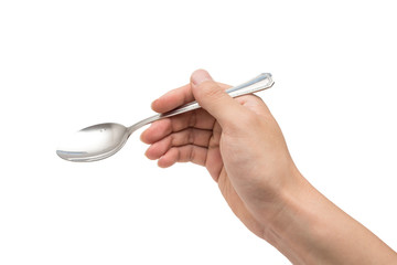 hand holding spoon isolated on white background