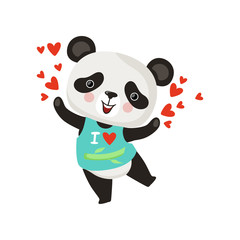 Sticker - Cartoon character of little panda in t-shirt. Funny bamboo bear with pink cheeks spreading love. Flat vector design for greeting card or print