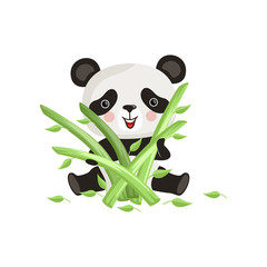 Poster - Cute panda sitting on floor and holding green bamboo sticks. Cartoon character of tropical animal. Flatvector design for print or sticker