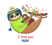 Cute Mother Sloth With Baby. Mothers Day