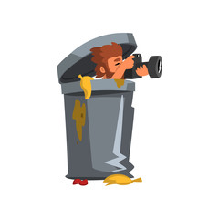 Poster - Professional male photographer paparazzi hiding in rubbish bin with photo camera vector Illustration on a white background