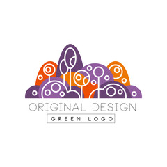 Wall Mural - Green logo original design, forest, eco park or city garden colorful emblem in linear style vector Illustration