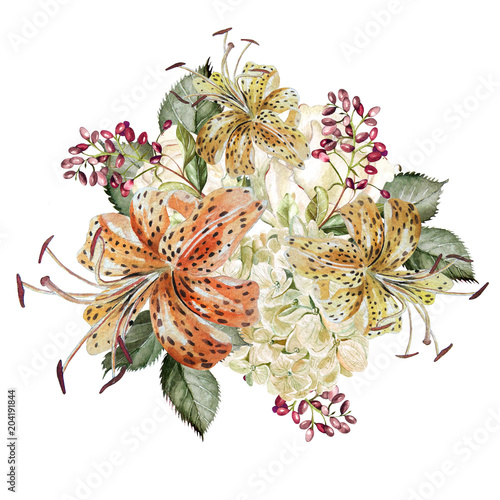 A beautiful watercolor bouquet with hudrangea and lilies.