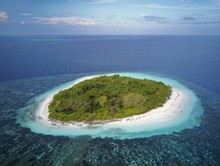 Uninhabited Green Island With Bushes, Sandy Beach All Around, Offshore Coral Reef, Ari Atoll, Indian Ocean, Maldives, Asia