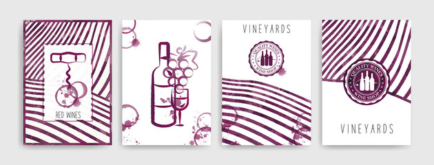 Wall Mural - Collection of templates with wine designs. Brochures, posters, invitation cards, promotion banners, menus. Wine stains background.