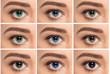 close up,collage of eyes with different color, green, gray and blue color shade on color contact lenses on human eye