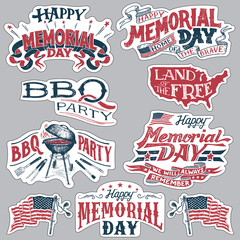 Wall Mural - Happy Memorial Day. Barbecue party vintage labels. Set of holiday retro stickers. Hand-lettering with textured handcrafted letters and drawings