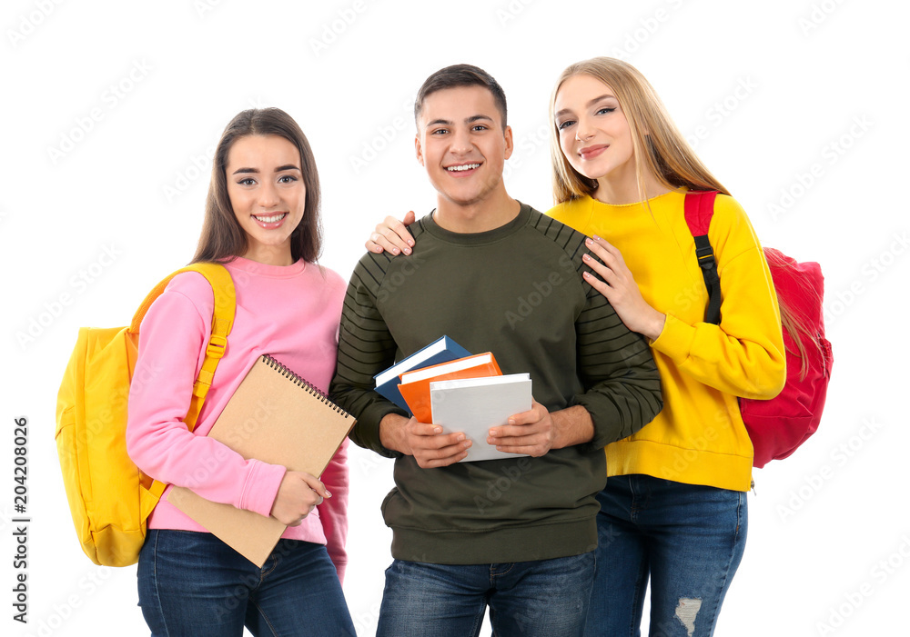 Students with backpacks and books on white background. Preparing for exam