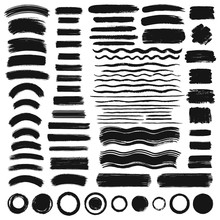 Big Set, Collection Of Vector Brush Strokes. Hand Drawn Shapes, Frames, Design Elements, Text Backgrounds With Rough Edges. Wavy Line, Wave, Circle, Arched Stripe, Curved Ribbon, Scribble, Rectangle.