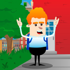 Schoolboy with hands in rocker pose. Vector cartoon character illustration.