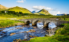 Old Vintage Brick Bridge Crossing River In Sligachan - Isle Of Skye