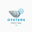 Fresh and Tasty Oysters Abstract Vector Sign, Symbol or Logo Template. Hand Drawn Shellfish Mollusc with Premium Classic Typography and Quality Seal. Stylish Classy Vector Emblem Concept.