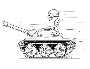 Cartoon stick man drawing conceptual illustration of man in small tank or tankette going to enjoy the fighting, killing and destruction. Business concept of war as game.