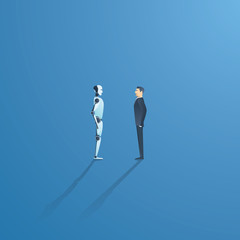 Artificial intelligence vs humans vector concept. AI bot and businessman standoff. Innovation, technology and future concept.