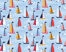 Seamless Vector Pattern With Hand Drawn Sailing Yachts And Seagulls. Summer Bright Background For Fabric Design.