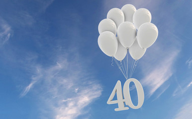 Wall Mural - Number 40 party celebration. Number attached to a bunch of white balloons against blue sky