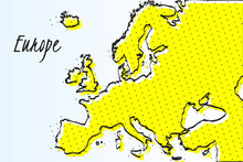 Map Of Europe, Halftone Abstract Background. Drawn Border Line And Yellow Color