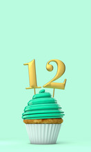 Number 12 Mint Green Birthday Celebration Cupcake. 3D Rendering