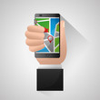 © Gstudio - gps navigation application elegant hand holding cellphone connection arrival point location vector illustration