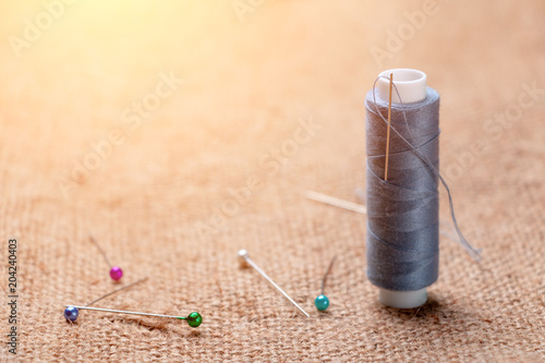 Coil thread with a needle stuck in it next to the tailor pins on the burlap, tin Poster