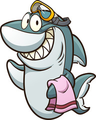 Happy cartoon shark wearing goggles and holding a towel. Vector clip art illustration with simple gradients. All in a single layer. 