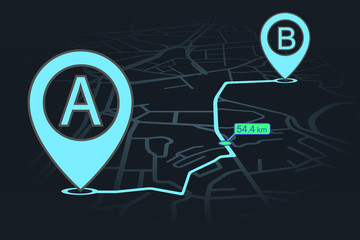 Wall Mural - GPS navigator point A to point B with distance pointer in blue color. vector illustration