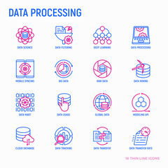 Wall Mural - data processing thin line icons set: data science, filtering, deep learning, mobile syncing, big dat