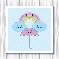 Wall Mural - kawaii cartoon rainbow umbrella clouds dots background vector illustration