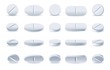 Pills. White medicine tablets isolated on white background, different round and oblong drugs collection vector illustration