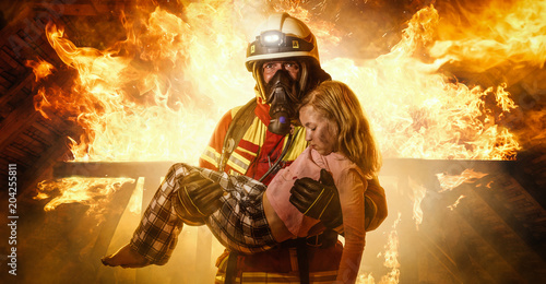 Plakat Straż Pożarna   strazak-ratuje-dziecko-panorama