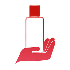 Poster - hand holding packaging cream product cosmetic vector illustration red design