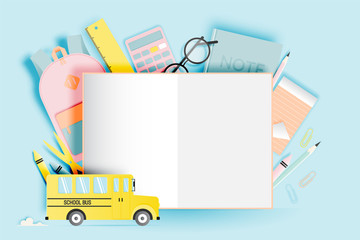 Various stationery for back to school in paper art style with pastel color