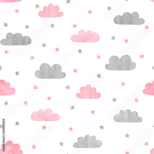 Seamless watercolor clouds and stars pattern. Vector illustration for kids de...