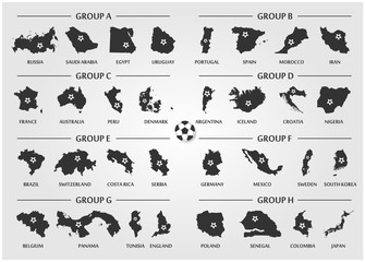 Aufkleber - Football or Soccer cup team group set . Silhouette country map with ball . Vector for international world championship tournament 2018
