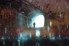 Artistic Cyberspace Network Background With A Man In The Dark Tunnel. Double Exposure Used.